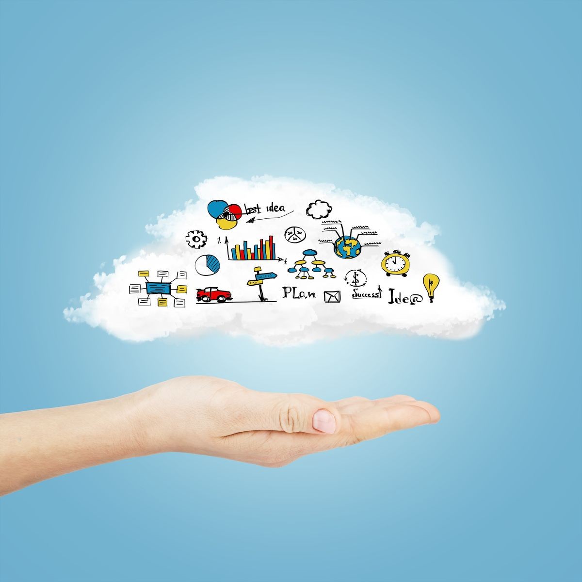 Cloud with different business sketches in hand. Internet concept image
